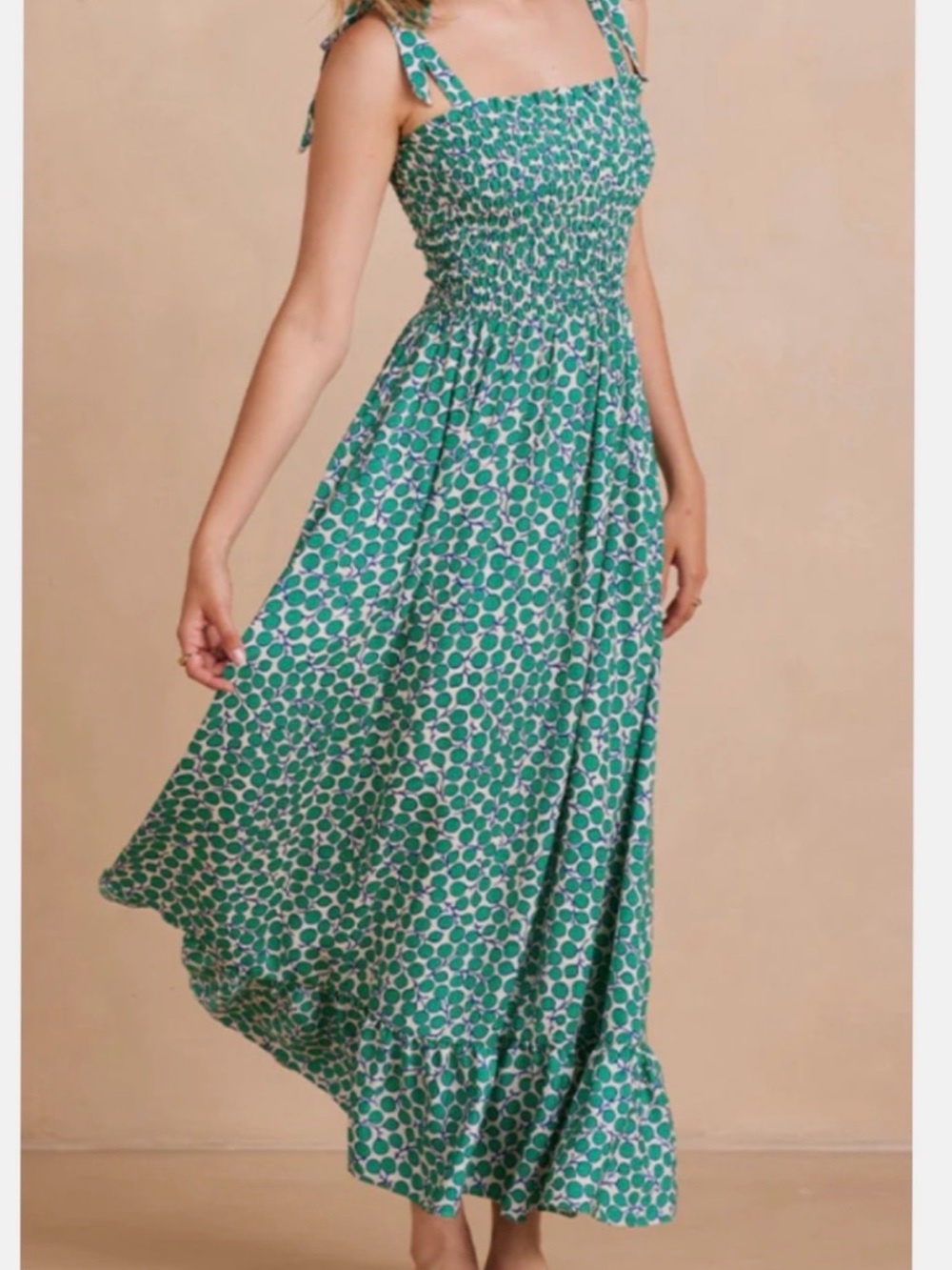 Summersalt Silky Luxe Smocked Tie Shoulder Maxi Dress Green Printed Ruffle